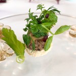 プレゼンテ スギ - ⑥今年の干支（四街道産イノシシ肩ロースのポルペッティ 白インゲン豆のペースト フキノトウのソース）