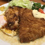 とんかつ八千代 - アジフライとチャーシューエッグを半分こにしてシェアハピです。