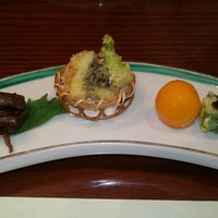 吉寅 - 付きだし(肝煮・天婦羅・きんかん・餅麩田楽)