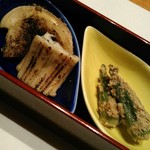 金泉閣 - 先付け　おくらごま和え　ごま豆腐　あなご