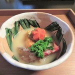 日本料理 きた川 - 先付　丹後車海老　雲丹　揚げ玉子豆腐　白味噌仕立て