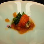 瓢斗 - 先附：天然ホタテと雲丹　春の野菜のジュレ掛け