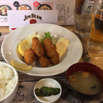 梅田酒場Ｈ - カキフライ定食 ¥780-内税 プレミアムモルツ生 ¥380-外税 (2019/02/08)