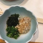 寿司栄 - カワハギの肝、あおさ海苔、葱