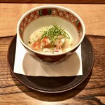 虎白 - 先付：車海老 淀大根 蕗の薹 白味噌仕立て