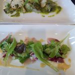 キノコと里芋のﾌﾞﾙｷﾞﾆｮﾝ・鮮魚のｶﾙﾊﾟｯﾁｮ風ｻﾗﾀﾞ添