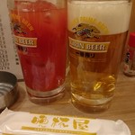 大衆酒場 晩杯屋 - この日は、めっちゃはしご酒！
ハガレを出て4軒目で軽く飲んだあと、最後にたどり着いたのがここ(笑)
トマトハイと70円のおしぼりを記念撮影。
らぁさんのアドバイス通り、トマトハイに塩投入～