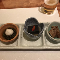 焼鳥YAMATO - 先付(利休麩、胡麻豆腐、山芋とジュンサイ)