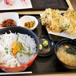 大洗町漁協　かあちゃんの店 - しらす2色丼定食   1100円
            (かき揚げは、スペシャルかあちゃん御膳のやつ)
