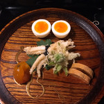 瓢亭 - 白魚、蕗の薹天ぷら、煮抜きたまご、金冠甘露煮、そしてあん肝に奈良漬け！　ディジタルなレーザーポイント式ではない、アリ溝式照準器でスッと標的に定まった、と言った味わい。