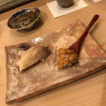 鮨 たかはし - 燻製した北寄貝　奈良漬入りあん肝