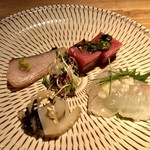 酒井商会 - お造り：やりいか 新海苔の佃煮和え、鰆 柚子胡椒、平目 塩麹、 本まぐろ ニラ醤油