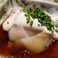 富小路 やま岸 - (04)虎河豚(山口県産)のお造り、白子餡掛け
                      産卵期は春～初夏、旬は冬。
                      厚めに切り分けられ、薄くピンクに染まった身は上品な味わいで魅惑的な旨みと甘みが特徴
                      裏漉しされた白子はクリーミーで濃厚なコク