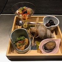 あわび日本料理 錦りゅう - 前菜　床節煮・巨大バイ貝・あん肝・鮑のゼリー寄席など。特に巨大バイ貝の食べ応えに感動☆☆☆肝まで巨大で、旨みが抜群でした☆☆☆　2019/02/16