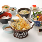 Genroku An - お造り３点盛と大海老と野菜の天ぷら膳
