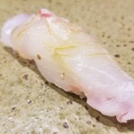 鮨匠 のむら - (13)白縁ハタ(鹿児島県開聞岳沖産、1.6kg)
      またしても知らないハタ！
      南方系のハタなのに身の緩さはない。
      沖縄でも少なめ、鹿児島だとレア。
      上品な旨みでほのかな甘み、ハタ系でも上位な美味しさ