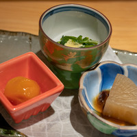 柳家錦 - 2019.2 箸休め（金柑シロップ漬け、アスパラ菜芥子マヨネーズ和え、大根味噌添え）