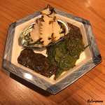 千陽 - 八戸産 鮑のｽﾃｰｷ､ﾒｶﾌﾞと肝ｿｰｽ