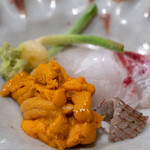 うを徳 - 2019.2 昆布森バフンウニ、明石の鯛2.6kgお造り、鯛皮湯引き、山形ノビル