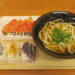 Tsurumaruudon - 朝定（かけうどん、俵おむすび3個）320円、しょうが天120円