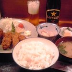 銀浜 - カキフライ定食とビール