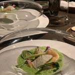 sincere - 山菜 ゼンマイや菜の花カプチーノ苦味組と、エビ、ヤリイカ、河豚白子 甘味旨味濃厚部隊のマリアージュ