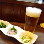 インディ庵 - 生ビール＆お通し三種盛♪