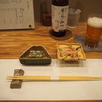 鶏割烹 ならや - 付き出し ＆ ビール（そらみつ）