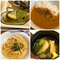 グランカフェ - ◆キーマカレーは少し辛めですけれど、挽肉タップリで美味しい。 ◆佐伯産真鯵のペペロンチーノ・・真鯵は少なめですけれどシッカリお味を感じますし、ペペロンチーノ辛味も丁度いい。 ◆ムール貝はエスカルゴバター風に焼かれ好み。 ◆汁物はおでん風でもなく不思議な味わいでした。