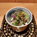 器楽亭 - てっぴと白子ととうとうみ マイクロ野菜載せ かぼすで