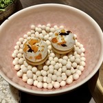 sincere - アミューズ5品盛り：尻丸海老の米粉のパフ揚げ、ポワロー葱とカマンベールチーズのスティック、菜の花とシラスのタブレ、フォアグラのムースとメレンゲ 柚子のジャム、サクラマスのクレープ包み その卵をナスタチウムに載せて