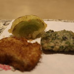 厨翠山   - 揚物　鱈かつおまぶし　ぽろ葱　干し芋
      （五七、梅塩）　
      
      
      さくっとするし、ふわっともする食感　
      