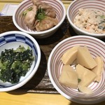 京菜味のむら - 左上から 鶏肉の生姜味噌焼き、京うの花、青楩菜の胡麻和え、筍の山椒煮