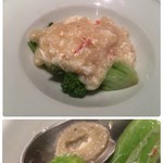 海鮮名菜　香宮 - 季節野菜の炒め、毛蟹と衣笠茸あんかけ仕立て。
      野菜はアスパラ、青梗菜、空豆、ブロッコリーなどに、豪華に衣笠茸と毛蟹が。