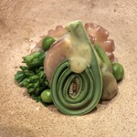 一心鮨 光洋 - イイダコの酢味噌、春の山菜、こごみ、菜の花。見た目も渦巻調のこごみが美しい。