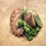 一心鮨 光洋 - イイダコの酢味噌、春の山菜、こごみ、菜の花。イイダコの酢味噌が効いてます。