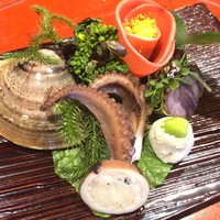 草喰 なかひがし - 【八寸】
                    ・蛤の飯蒸し   
                    ・菜の花を焼いた物
                    ・自然薯にヒスイ豆を練り込んだ物
                    ・イイダコ
                    ・猪を堀川牛蒡と炊いた物
                    ・椿に見立てた品
                         
                    
                    