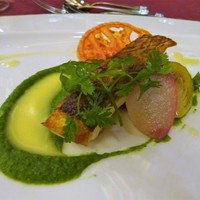 メインダイニングルーム 三笠 - ビーフシチューディナー：鯛のポワレ ブロッコリーのピュレ ブールブランソース