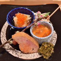 鮨 福原 - 酒肴(帆立、つぶ貝、ほや、鮑の肝、あん肝、蛸のやわらか煮)