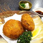 鹿肉のキャベツメンチ（￥800）。薬味入りのポン酢で、あっさりサッパリと