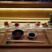 日本橋笈川 - お刺身：トロ、赤身、鮃昆布締め、牡丹海老、赤貝