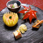 Ryoutei Kamezaki - 八寸(蛸、帆立明太和え、ばい貝、鯵素揚げ、白身魚の寄せ物、烏賊)