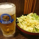 やきとり道場 - 生ビール・お通し。