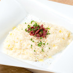 Horse meat and cheese cream sauce risotto