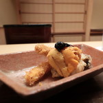 木山 - 白アスパラフライ、鮑柔らか煮の天ぷら、自家製白ウスターソース