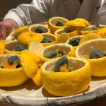 銀座 しのはら - 柚子窯にボタン海老、雲丹、花山葵