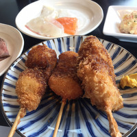 一舞庵 - 2019年3月。串揚げ。豚ヒレ、うずらの卵、ササミチーズ。