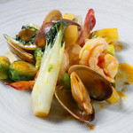 Stir-fried seafood and Chinese vegetables with shrimp sauce