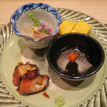鮨 山浦 - のれそれ、北海道ナマコ酢、玉子焼き、佐島蛸桜煮