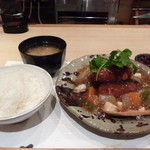 割烹 大田川 - クリームコロッケ野菜あんかけ・ご飯・味噌汁・三種盛り